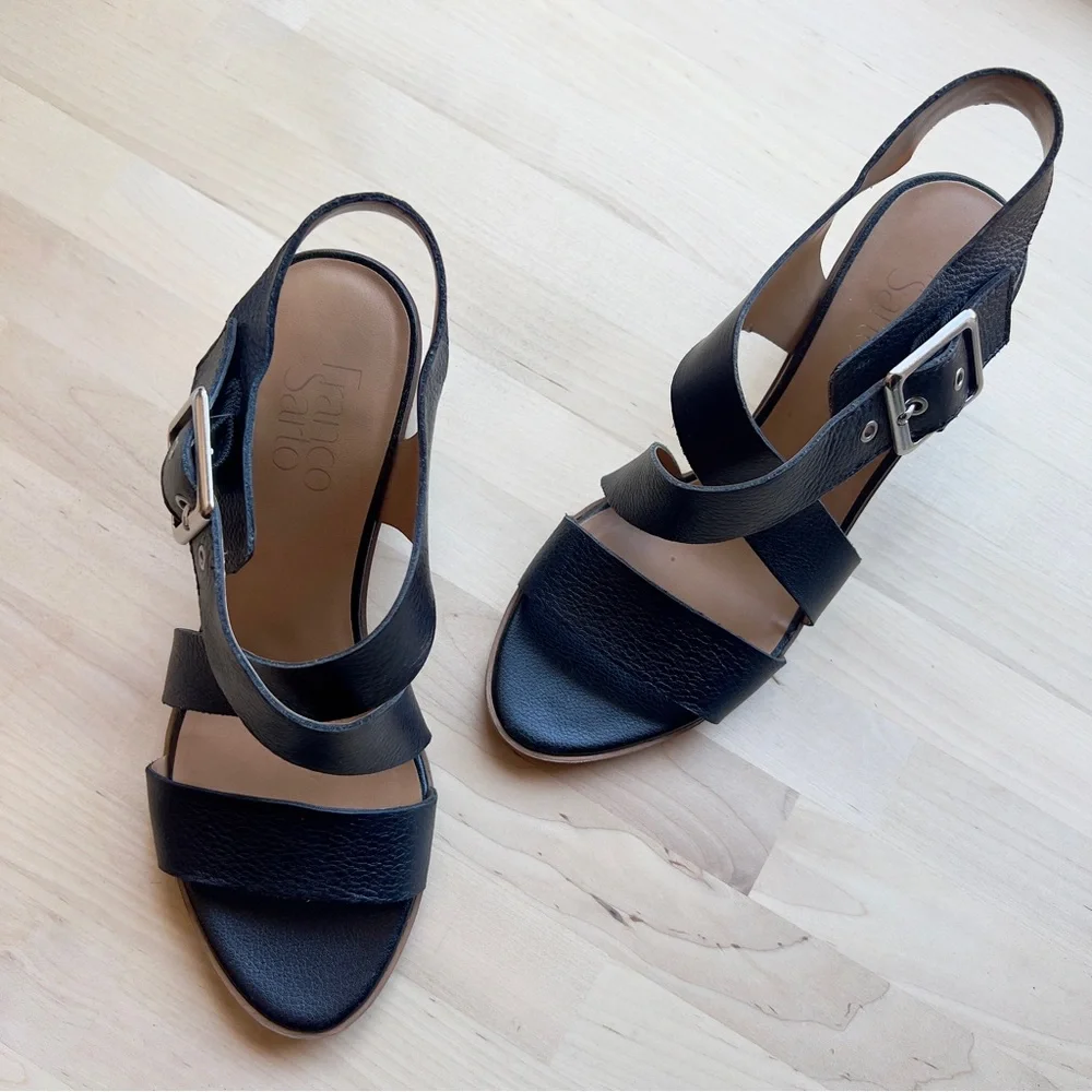 Franco Sarto HELGA Black Leather Silver Hardware Buckle Heel Sandals size 7 - Picture 11 of 11